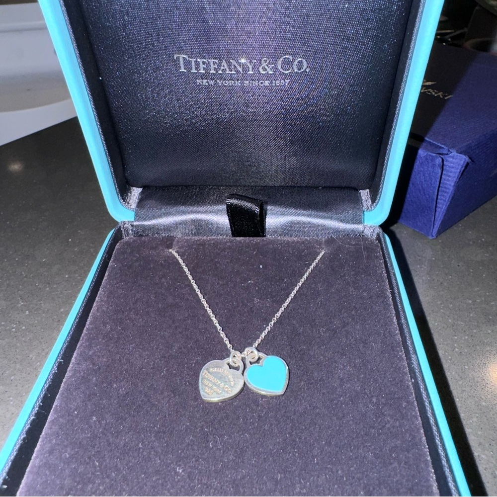 Tiffany & Co. Necklace Blue Silver Double Heart Tag Pendant